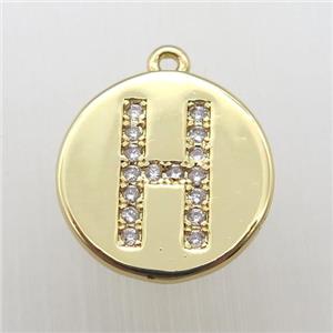 copper letter-H pendant pave zircon, gold plated, approx 14mm dia