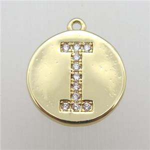copper letter-I pendant pave zircon, gold plated, approx 14mm dia