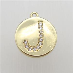 copper letter-J pendant pave zircon, gold plated, approx 14mm dia