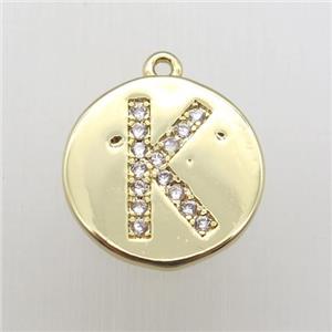 copper letter-K pendant pave zircon, gold plated, approx 14mm dia