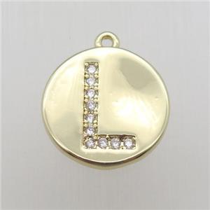 copper letter-L pendant pave zircon, gold plated, approx 14mm dia