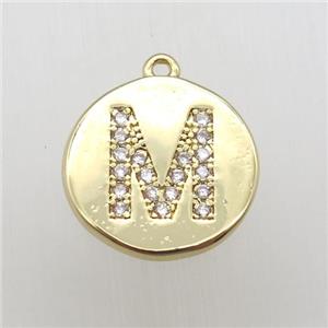 copper letter-M pendant pave zircon, gold plated, approx 14mm dia
