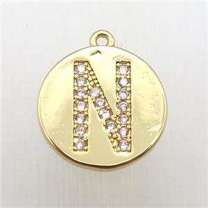 copper letter-N pendant pave zircon, gold plated, approx 14mm dia