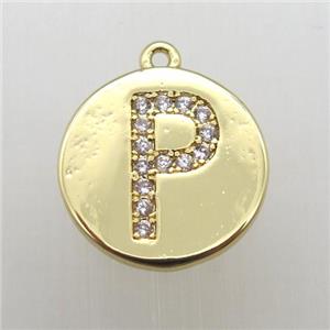 copper letter-P pendant pave zircon, gold plated, approx 14mm dia