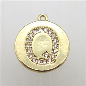 copper letter-Q pendant pave zircon, gold plated, approx 14mm dia