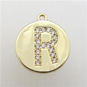 copper letter-R pendant pave zircon, gold plated, approx 14mm dia