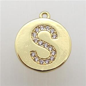 copper letter-S pendant pave zircon, gold plated, approx 14mm dia