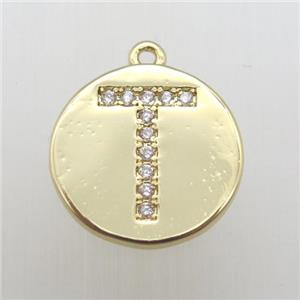 copper letter-T pendant pave zircon, gold plated, approx 14mm dia