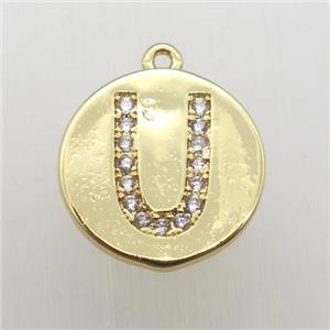 copper letter-U pendant pave zircon, gold plated, approx 14mm dia