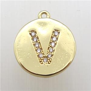 copper letter-V pendant pave zircon, gold plated, approx 14mm dia