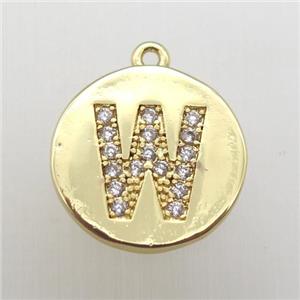 copper letter-W pendant pave zircon, gold plated, approx 14mm dia