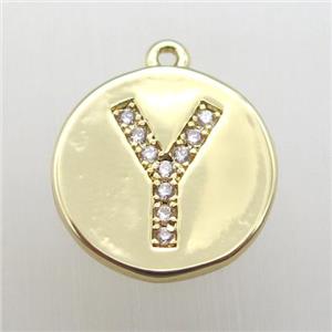 copper letter-Y pendant pave zircon, gold plated, approx 14mm dia