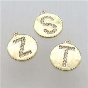 copper letter pendant pave zircon, gold plated, mixed, approx 14mm dia