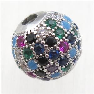 round copper beads pave zircon, multi color, platinum plated, approx 10mm dia