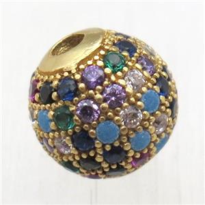 round copper beads pave zircon, multi color, gold plated, approx 10mm dia