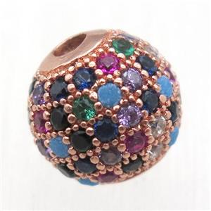 round copper beads pave zircon, multi color, rose gold, approx 10mm dia