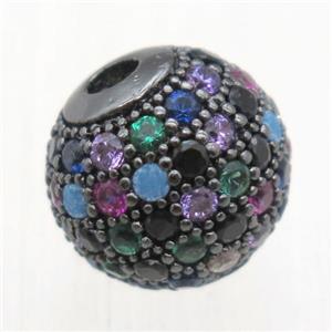 round copper beads pave zircon, multi color, black plated, approx 8mm dia