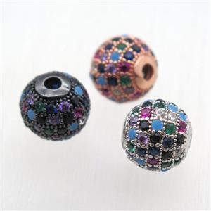 round copper beads pave zircon, multi color, mixed, approx 10mm dia