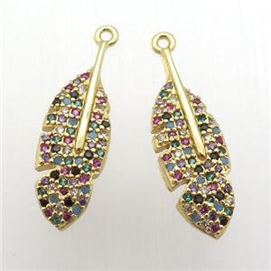 copper leaf pendant pave zircon, multi color, gold plated, approx 7-25mm