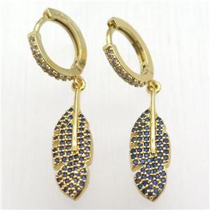 copper hoop earrings pendant pave zircon, leaf, gold plated, approx 7-25mm, 14mm dia