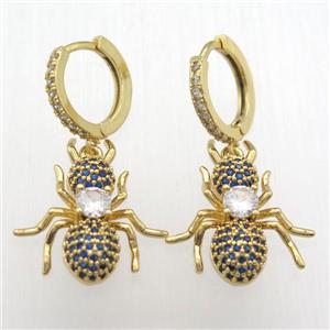 copper hoop earrings pendant pave zircon, ant, gold plated, approx 16-23mm, 14mm dia