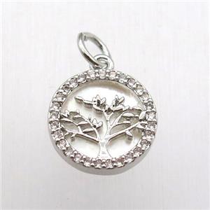 copper pendant pave zircon, tree of life, platinum plated, approx 15mm dia
