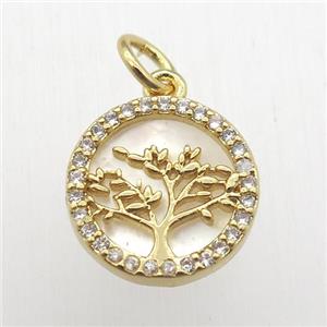 copper pendant pave zircon, tree of life, gold plated, approx 12mm dia