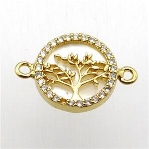 copper connector pave zircon, tree of life, gold plated, approx 15mm dia