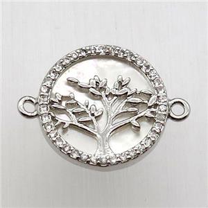 copper connector pave zircon, tree of life, platinum plated, approx 12mm dia
