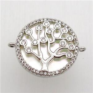 copper connector pave zircon, tree of life, platinum plated, approx 19mm dia