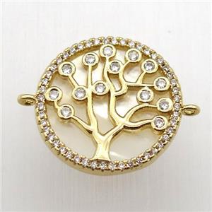 copper connector pave zircon, tree of life, gold plated, approx 19mm dia