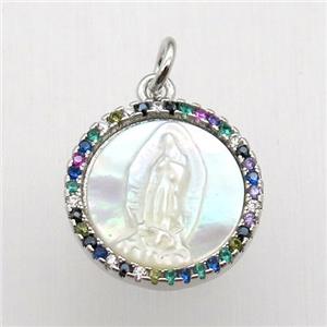 copper circle pendant pave zircon, shell Jesus, platinum plated, approx 15mm dia