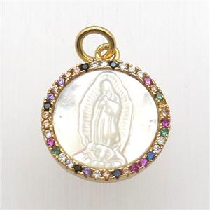 copper circle pendant pave zircon, shell Jesus, gold plated, approx 15mm dia