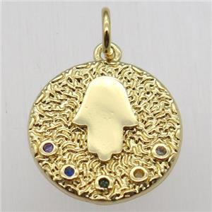 copper circle pendant pave zircon, hamsahand, gold plated, approx 14mm dia