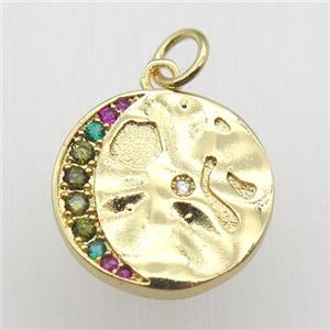 copper circle moon pendant pave zircon, gold plated, approx 15mm dia