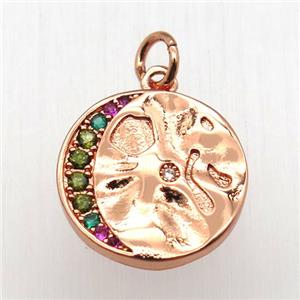 copper circle moon pendant pave zircon, rose gold, approx 15mm dia