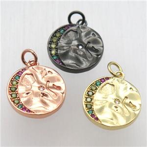 copper circle moon pendant pave zircon, mixed color, approx 15mm dia