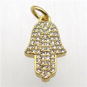 copper hamsahand pendant pave zircon, gold plated, approx 10-14mm