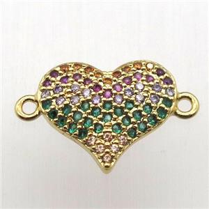 copper heart connector pave zircon, gold plated, approx 13-15mm
