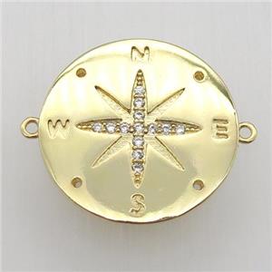 copper pendant pave zircon, compass, gold plated, approx 30mm dia