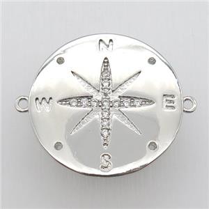 copper pendant pave zircon, compass, platinum plated, approx 30mm dia