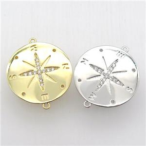 copper pendant pave zircon, compass, mixed color, approx 30mm dia