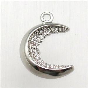 copper moon pendant pave zircon, platinum plated, approx 18-19mm