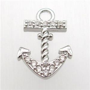 copper anchor pendant pave zircon, platinum plated, approx 13-20mm