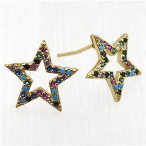 copper star Stud Earrings pave zircon, gold plated, approx 14mm dia