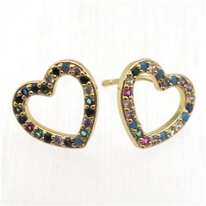 copper heart Stud Earrings pave zircon, gold plated, approx 14mm dia