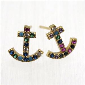 copper anchor Stud Earrings pave zircon, gold plated, approx 10mm