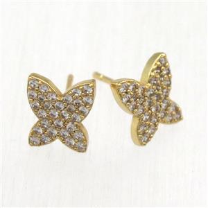 copper butterfly Stud Earrings pave zircon, gold plated, approx 9-10mm