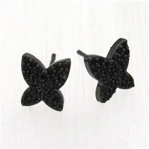 copper butterfly Stud Earrings pave zircon, black plated, approx 9-10mm