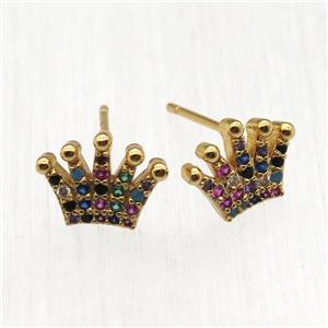 copper crown Stud Earrings pave zircon, gold plated, approx 8-12mm